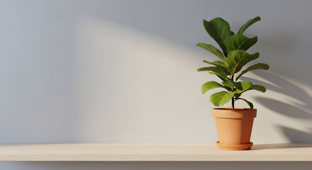 Fototapeta premium A Fiddle-leaf Fig Plant in a Pot, with Sun-Kissed