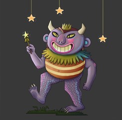 Whimsical Purple Monster Character with Crown and Magic Wand