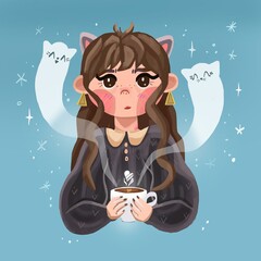 Whimsical Illustration of Girl with Ghost Cats and Coffee Mug