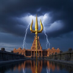 Divine power of Lord Shiva symbolized by a glowing golden trident atop a temple amidst a powerful thunderstorm at sunset
