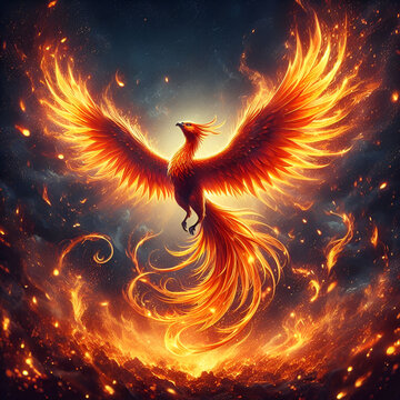 Mythical phoenix rising from flames with vibrant fiery feathers  