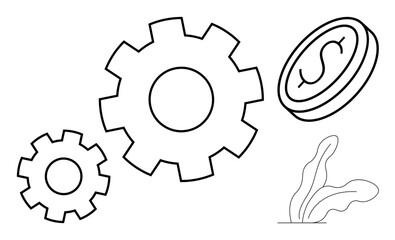 Interlocking gears beside a dollar coin and a plant. Ideal for business, finance, teamwork, innovation, problem-solving, growth, efficiency and success. Simple flat metaphor