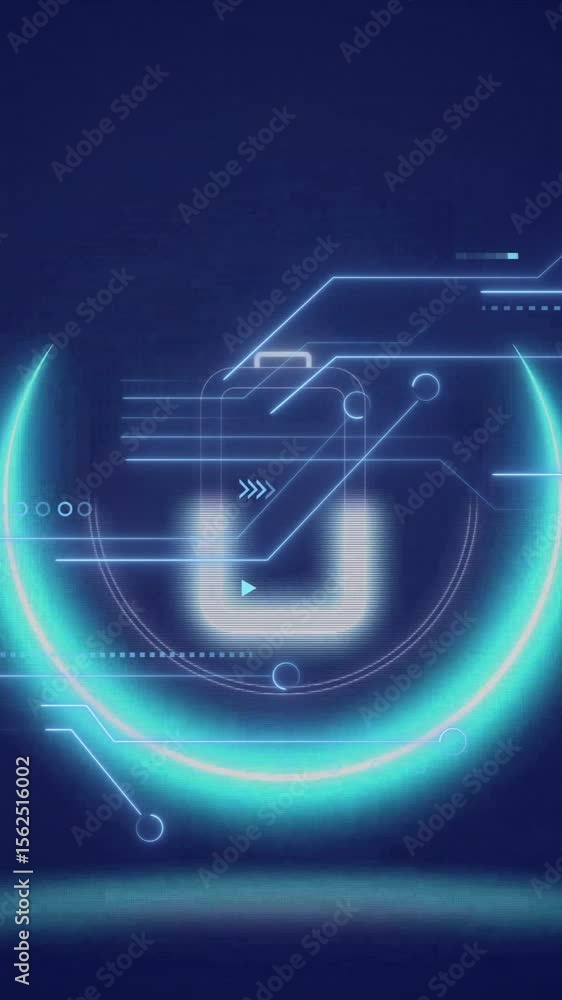 Aufkleber animation of data processing over connections and neon circle