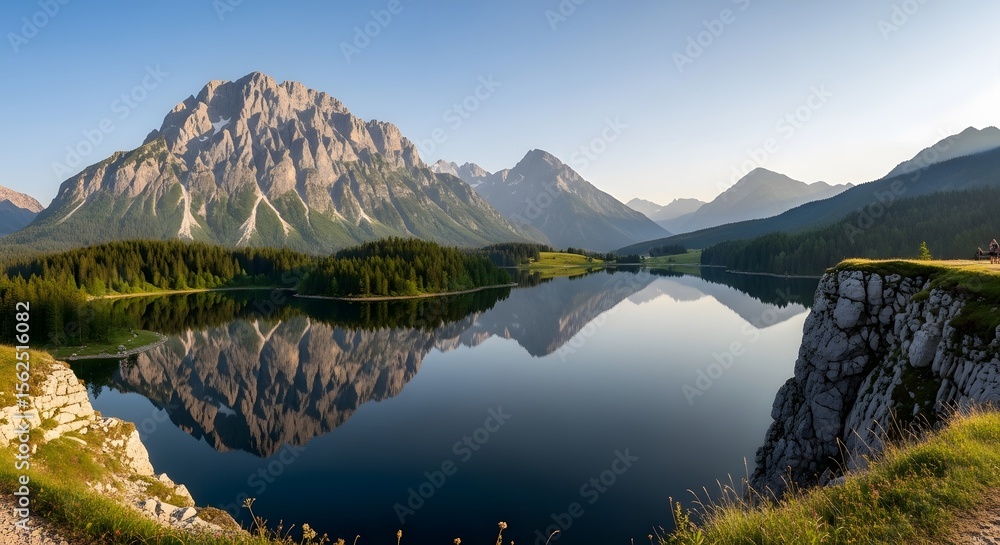 Poster panoramic landscape of mountain range reflected in calm lake under clear sky daytime. green trees li