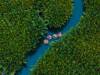 Aerial view of traditional basket boats in lush greenery, hoi an, vietnam river
