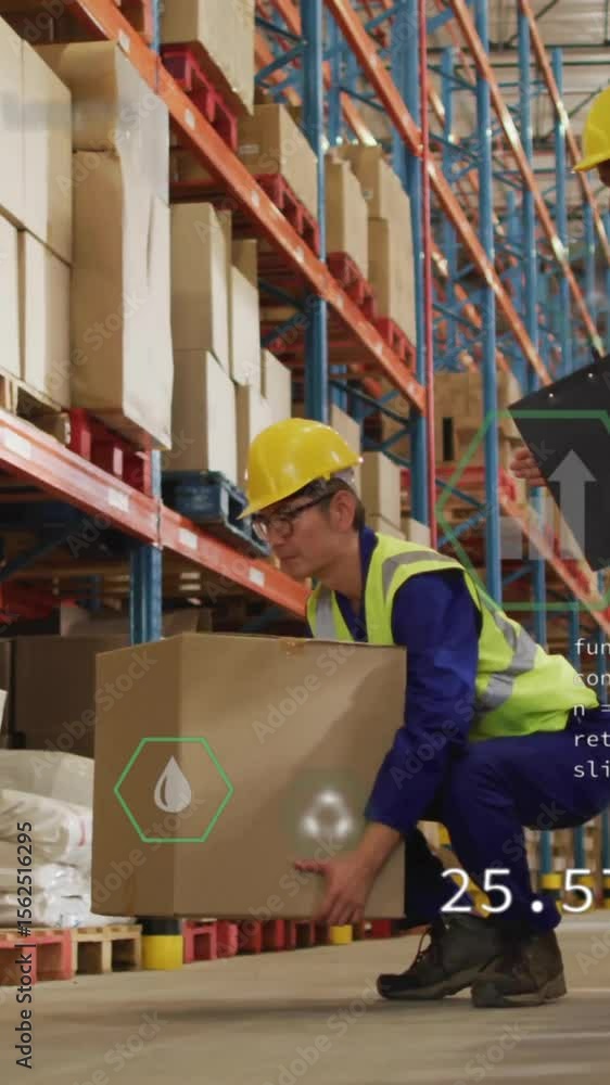 Poster animation of data processing and ecology icons over warehouse