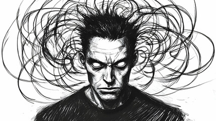 Fototapeta premium A haunting monochrome depiction of a man staring forward, his face calm but his mind in chaos