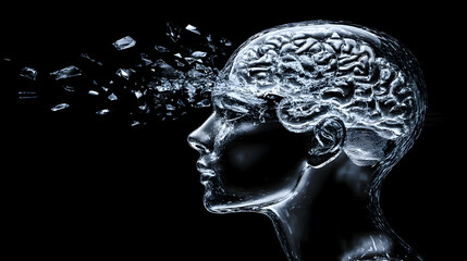 A haunting image of a transparent human head made entirely of cracked glass, with tiny fractures spreading like veins