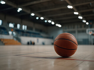 A single worn basketball resting on a clean hardwood court, positioned slightly off-center under a moody overhead spotlight