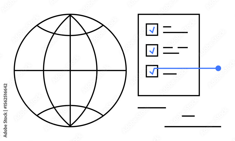 Aufkleber globe outline next to a checklist with three tasks marked completed and minimal design elements. ide