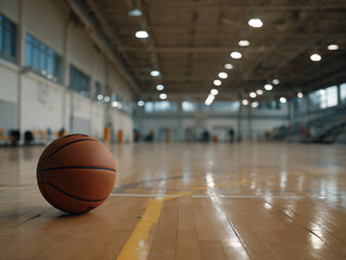 A single worn basketball resting on a clean hardwood court, positioned slightly off-center under a moody overhead spotlight