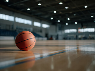 A single worn basketball resting on a clean hardwood court, positioned slightly off-center under a moody overhead spotlight
