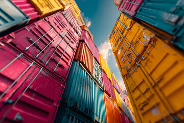 Fototapeta premium A group of colorful shipping containers is stacked in various orientations at a logistics facility. The vibrant hues contrast against the clear blue sky, creating a striking visual display.