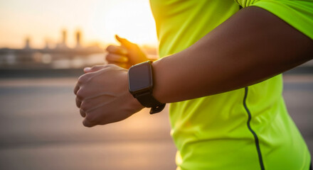Man running outdoors while wearing smartwatch on urban background
