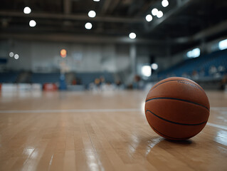 A single worn basketball resting on a clean hardwood court, positioned slightly off-center under a moody overhead spotlight