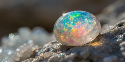 Opal Sphere Macro Photography Iridescent Gemstone on Rock, Close-up, Colorful, Gem, Mineral Opal, Gemstone