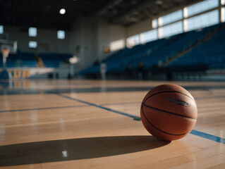A single worn basketball resting on a clean hardwood court, positioned slightly off-center under a moody overhead spotlight