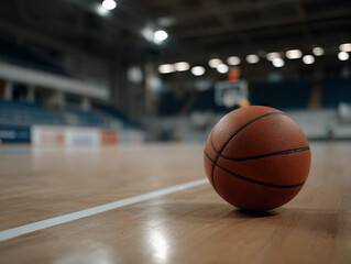 A single worn basketball resting on a clean hardwood court, positioned slightly off-center under a moody overhead spotlight