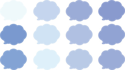 １２色の水色とグレーの雲の形をした吹き出しセット。ポップなデザインで使いやすい。吹き出しの内側に白い破線がある。
