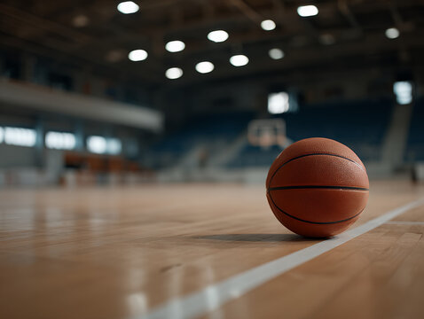 A single worn basketball resting on a clean hardwood court, positioned slightly off-center under a moody overhead spotlight