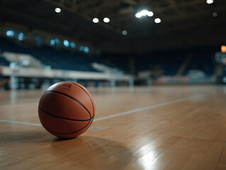 A single worn basketball resting on a clean hardwood court, positioned slightly off-center under a moody overhead spotlight