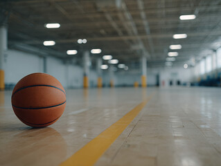 A single worn basketball resting on a clean hardwood court, positioned slightly off-center under a moody overhead spotlight