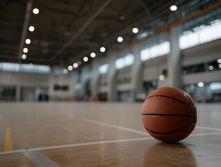 A single worn basketball resting on a clean hardwood court, positioned slightly off-center under a moody overhead spotlight