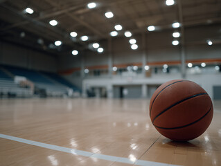 A single worn basketball resting on a clean hardwood court, positioned slightly off-center under a moody overhead spotlight