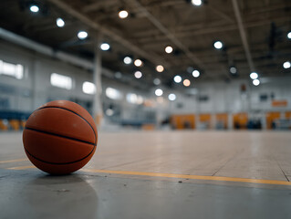 A single worn basketball resting on a clean hardwood court, positioned slightly off-center under a moody overhead spotlight