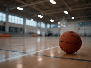 A single worn basketball resting on a clean hardwood court, positioned slightly off-center under a moody overhead spotlight