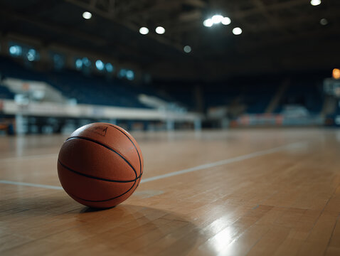 A single worn basketball resting on a clean hardwood court, positioned slightly off-center under a moody overhead spotlight