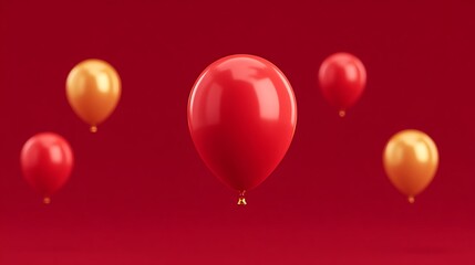 A vibrant display of red and golden balloons against a bold red background, creating a festive and cheerful atmosphere. The balloons appear to be floating, adding a touch of magic