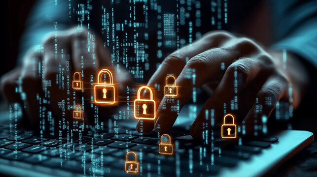 A businessman is typing on the keyboard, and his fingers touch padlock icons floating in front of him, symbolizing data security or cyber attack. 
