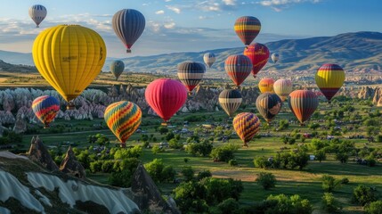 Colorful hot air balloons over a landscape of unique rock formations