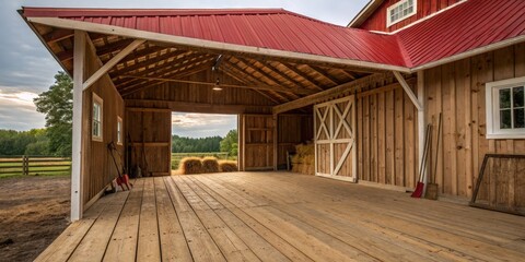 Rustic Barn Interior Wooden Structure, Hay Bales, Red Roof, Landscape View, Photography, Farm, Barn