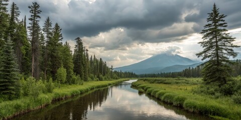 Serene River Valley Landscape Coniferous Forest, Mountain, Cloudy Sky, Reflection, Nature Photography Keywords Mountain Scenery, River Photography