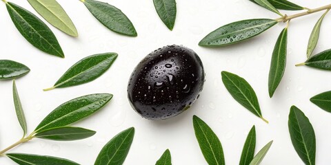 Single Wet Black Olive Surrounded by Olive Leaves, Flatlay, Food Photography, Healthy Eating Olive, Flatlay