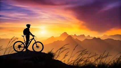 Obraz premium Mountain Biker Silhouette at Sunset Over Scenic Mountain Range
