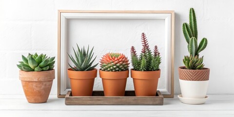 Succulent and Cactus Composition Four Plants in Terracotta Pots with Wooden Frame, Home Decor, White Background. Succulents, Cactus