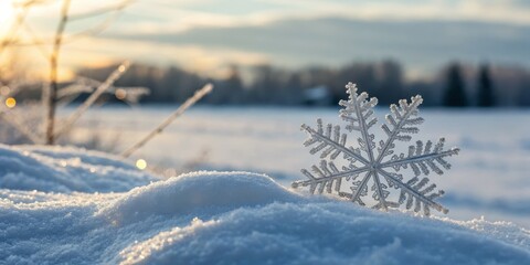 Sunset Snowflake in Winter Landscape Close-up Composition, Crystal Detail, Snow, Winter Wonderland, Nature Photography Snowflake, Winter