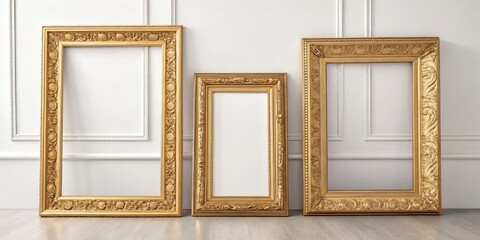 Three Gold Ornate Frames Mockup, Elegant Interior Design, Empty Frames, Wall Decor Keywords frames, mockup