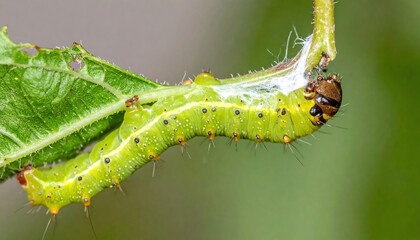 Fototapeta premium Green Caterpillar Eating a Leaf