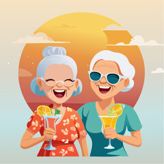 Cheerful elderly women with grey hair and sunglasses, wearing colorful tropical shirts, enjoying cocktails at sunset, celebrating friendship and joy in a vibrant atmosphere