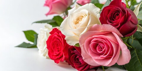 Vibrant Rose Bouquet Close-up Composition of Red, Pink and White Roses, Floral Photography, Valentine's Day, Romance Roses, Bouquet