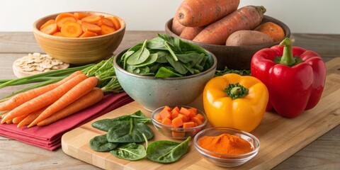 Vibrant Veggie Bowl Carrots, Spinach, Peppers, Composition, Food Photography, Healthy Eating Keywords Vegetables, Recipe