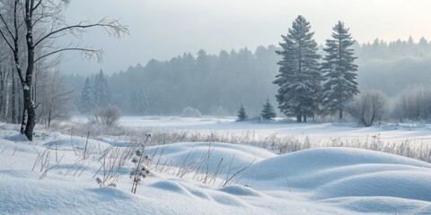 Winter Landscape Snowy Field, Misty Forest, Two Pine Trees, Cold, Nature Photography, Winter Wonderland. Winter, Photography