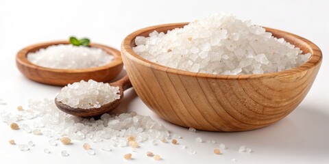Wooden Bowl of Coarse Sea Salt Close-up Still Life Photography, Sea Salt Crystals, Spa Treatment Sea salt, bath salt, spa treatment