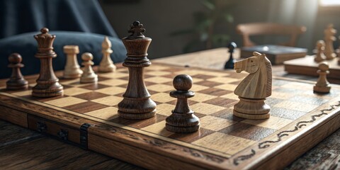 Wooden Chessboard Game Setup Close-up Composition, Strategy Concept, Chess Pieces Chess, Strategy Game