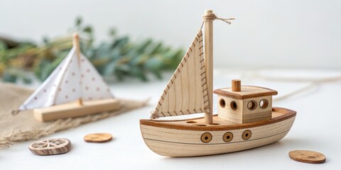 Wooden Sailboat Toy Photography Close-up, Natural Light, Minimalist Concept Keywords Wooden Toys, Sailboats