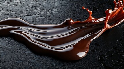 A smooth, glossy splash of chocolate sauce and soy sauce flowing together on a black surface with rich textures and tones